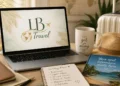 Travel agent planning a holiday with laptop and travel materials