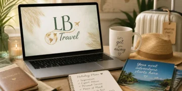 Travel agent planning a holiday with laptop and travel materials